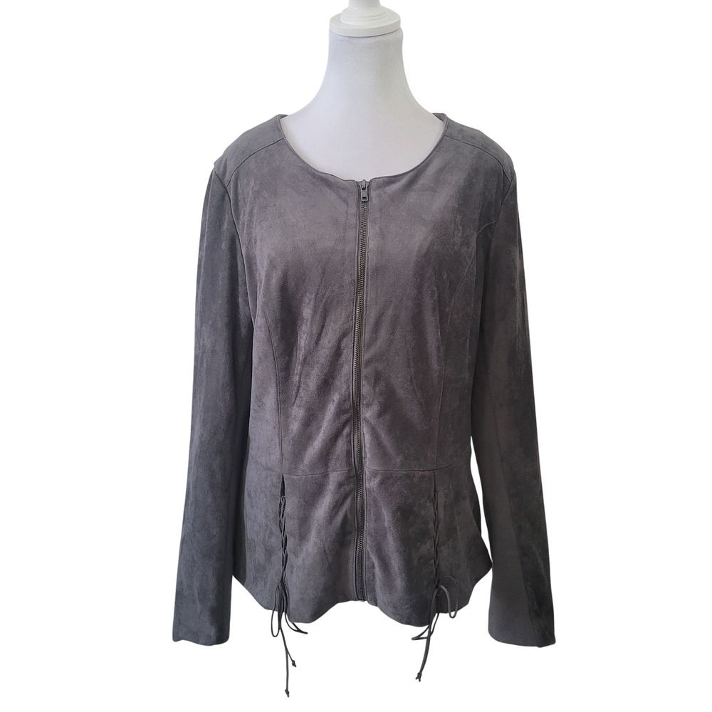 KUT from the Kloth Faux Suede Jacket Womens L Gray Peplum‎ Zip KJ23301